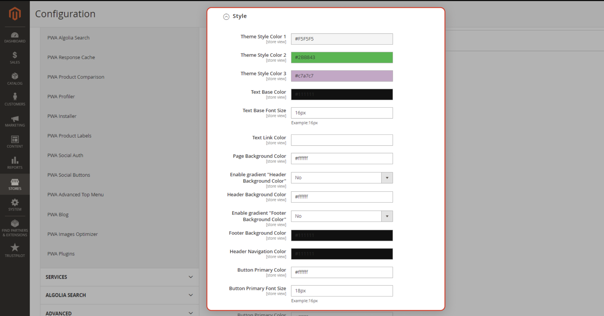 A design builder is shown in the Magento admin panel for GoMage PWA Storefront
