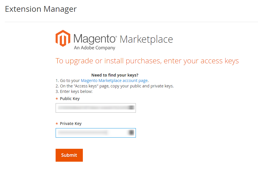 Paste Extension Private and Public Keys in Magento Store