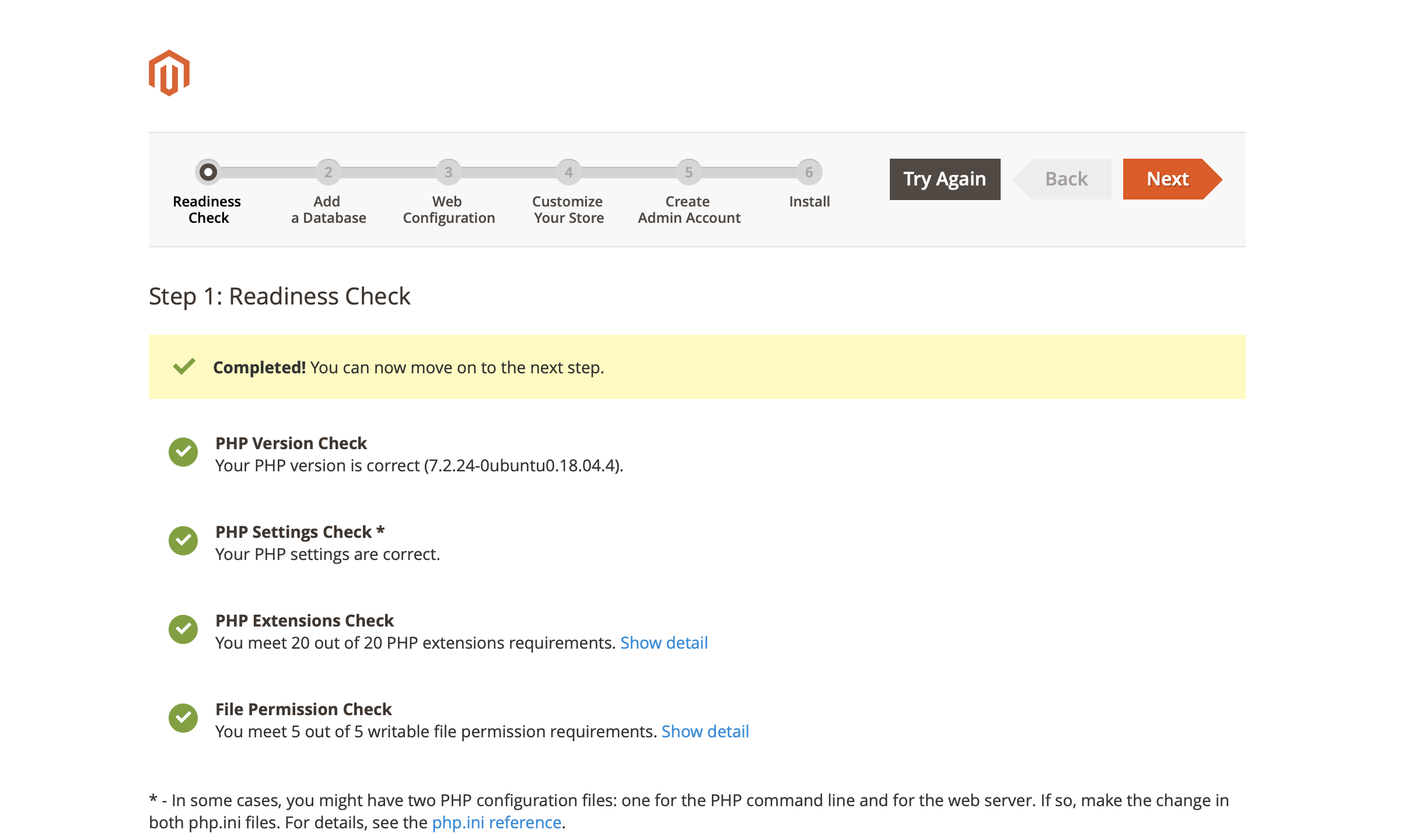 Magento Installation Wizard - Readiness Check Complete