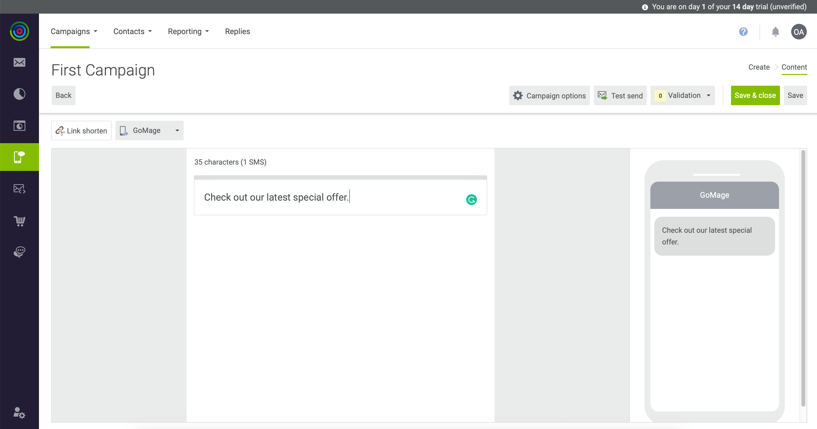 SMS Campaign Menu in dotdigital Engagement Cloud