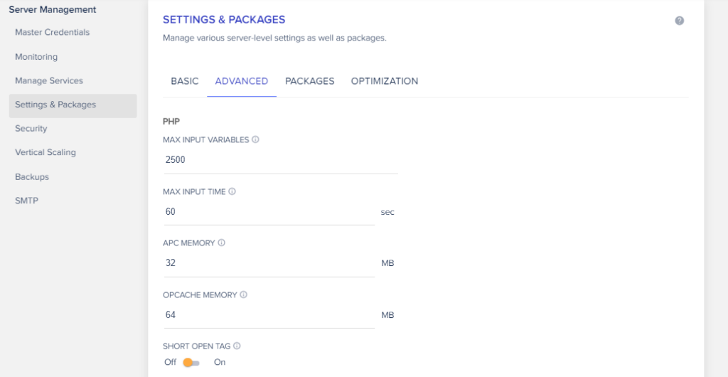 Example of how you can increase the OPCache memory size under the Advanced tab of Setting & Packages.
