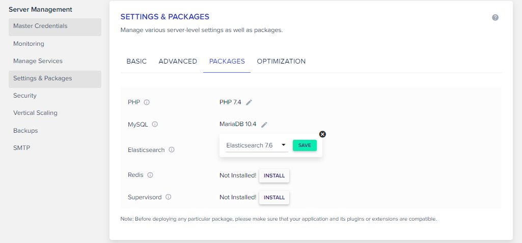 With Elasticsearch, you can get the default version for Cloudways.