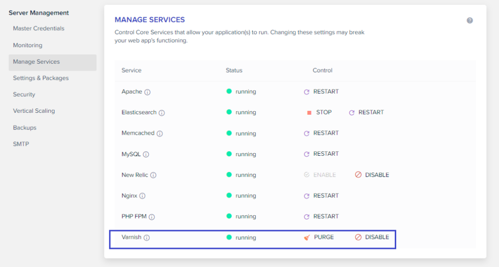 The Server Management section that shows that Varnish is enabled.