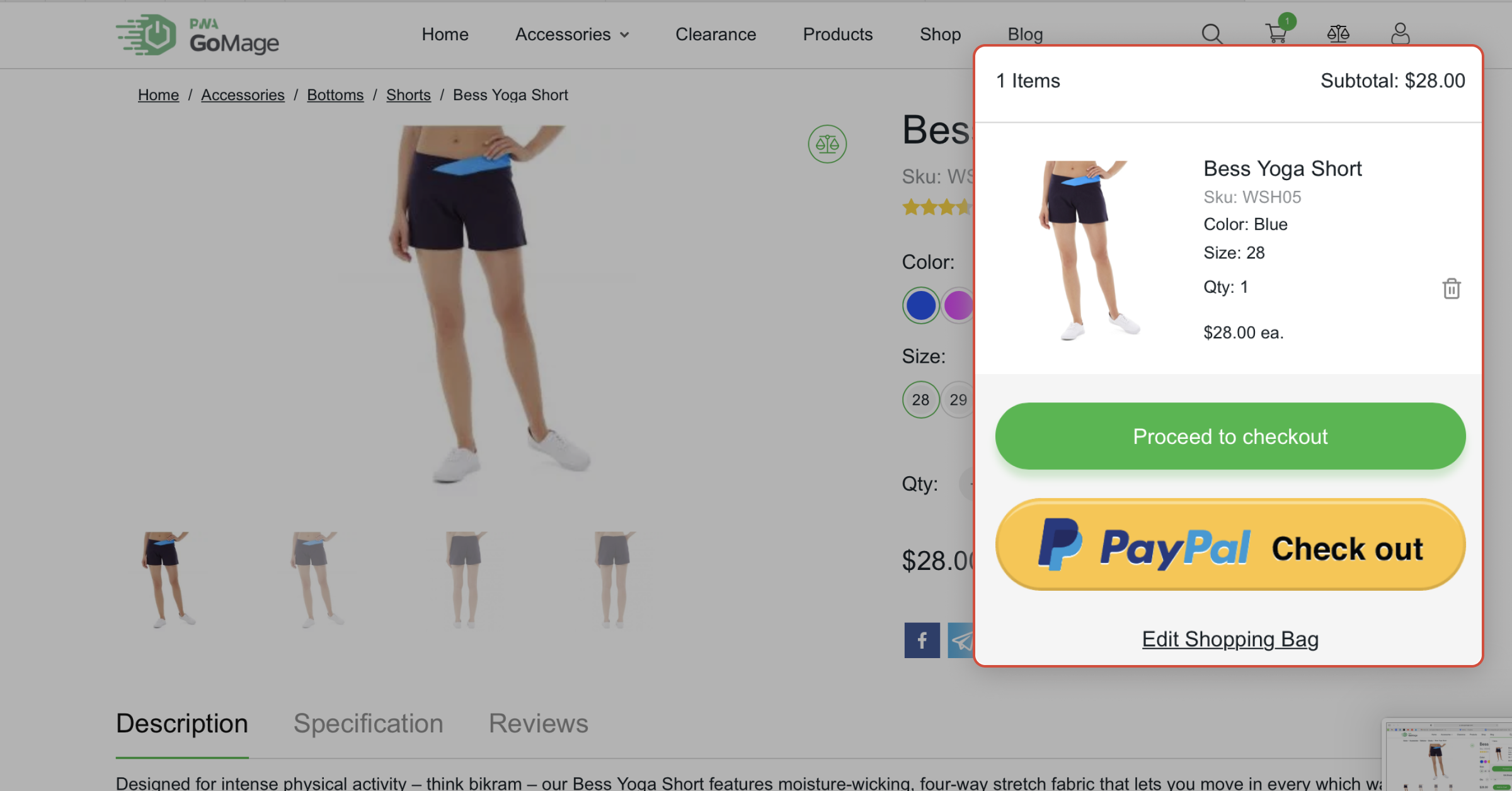 Quick checkout is shown on the GoMage PWA Storefront