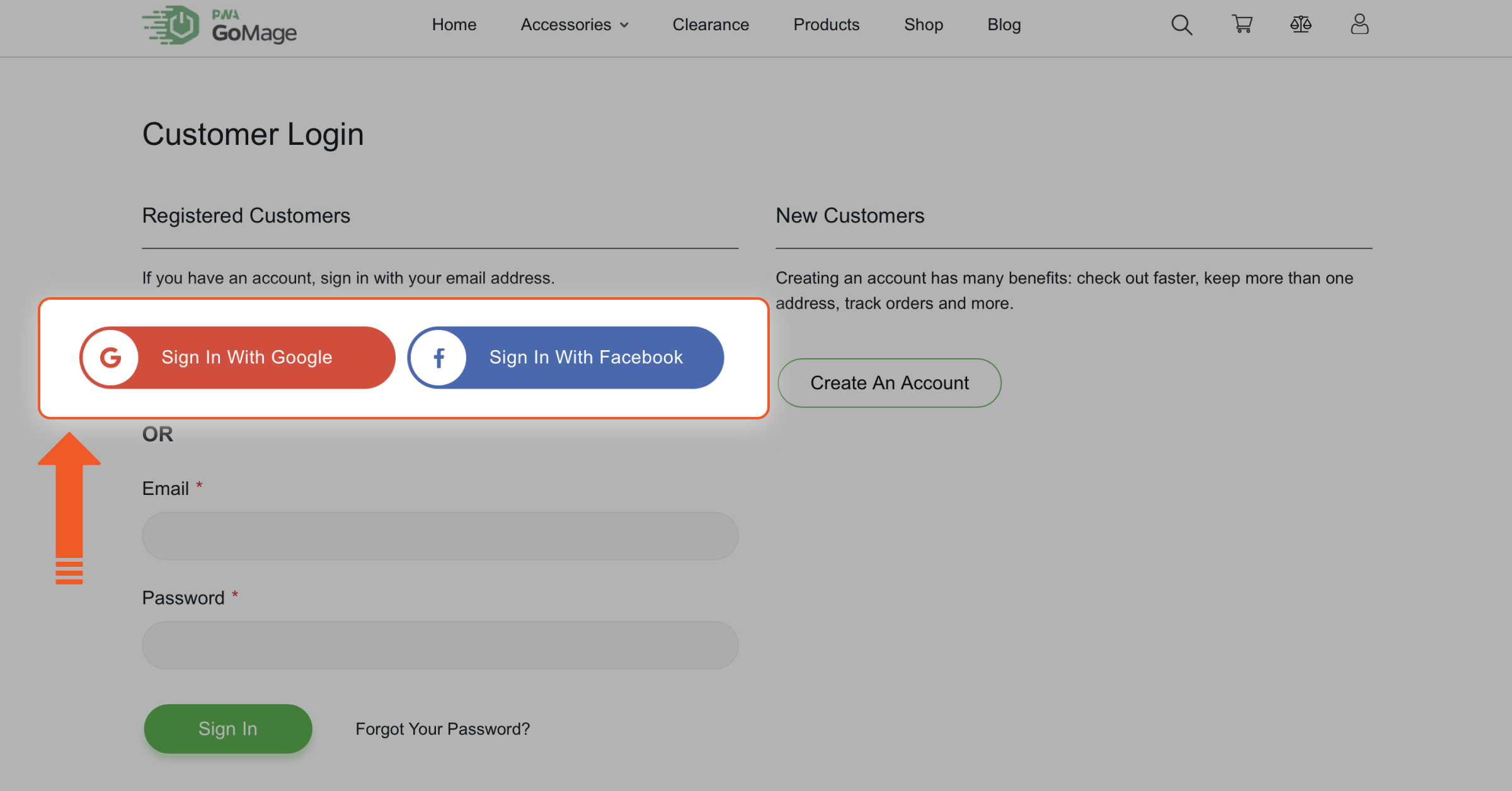 The process of signing in and up is shown on the GoMage PWA Storefront