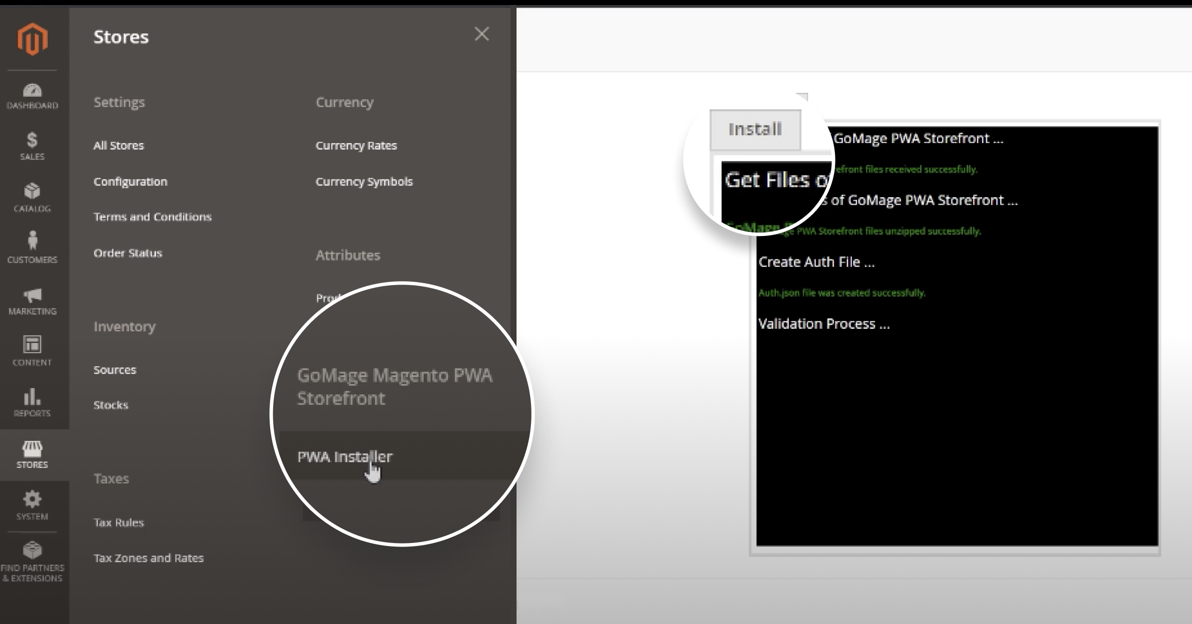 PWA installer in the Magento admin panel is shown
