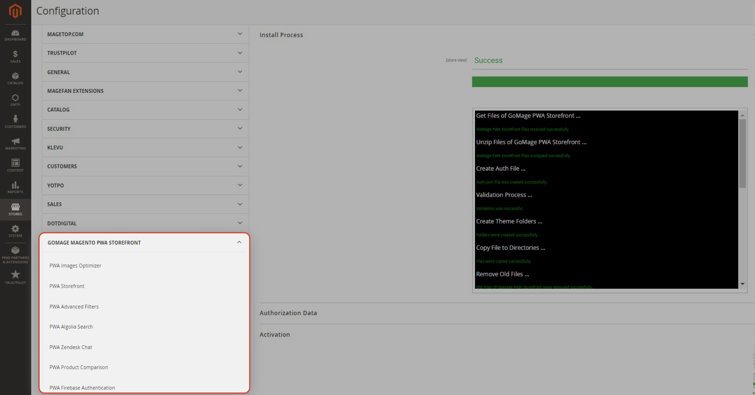 GoMage PWA Storefront is installed in the Magento admin panel
