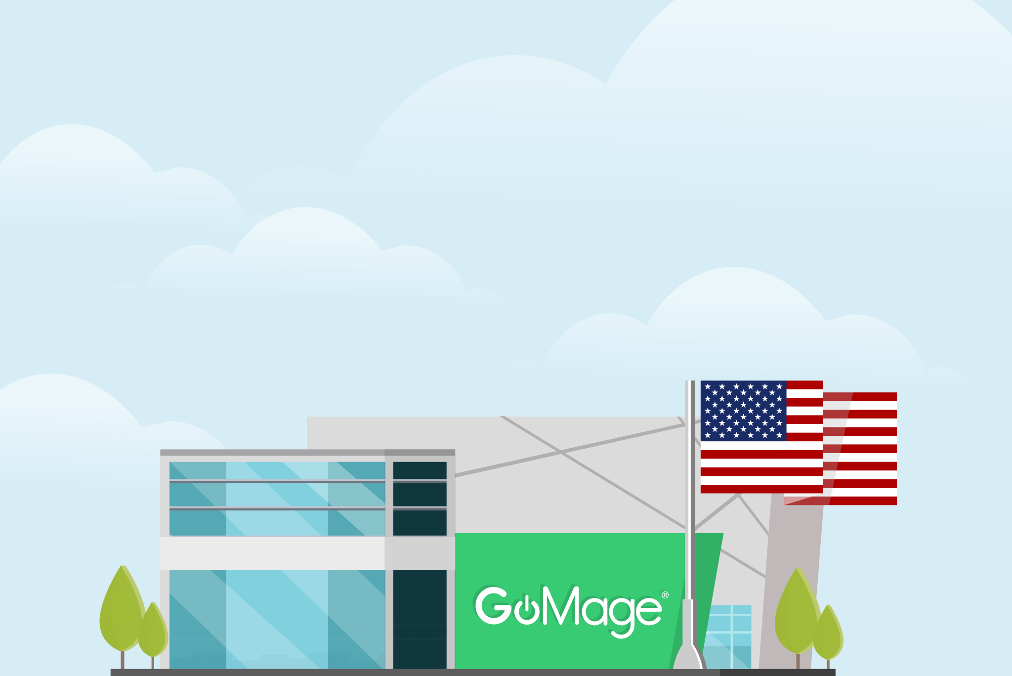 GoMage office next to the United States flag