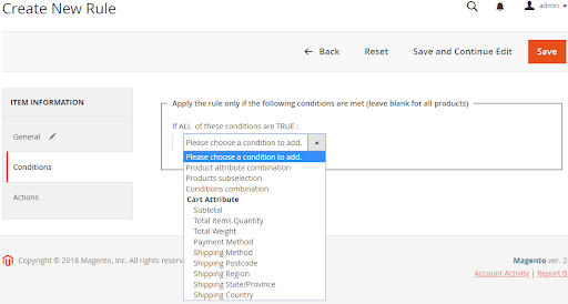 Create New Rule section in the Magento admin panel