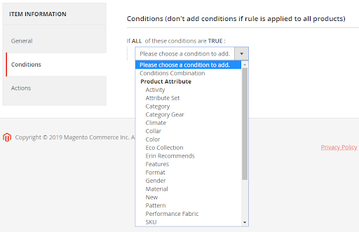 Conditions section in the Magento admin panel