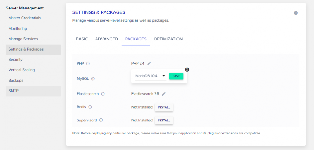 Settings and packages section for MariaDB v10.4 database.